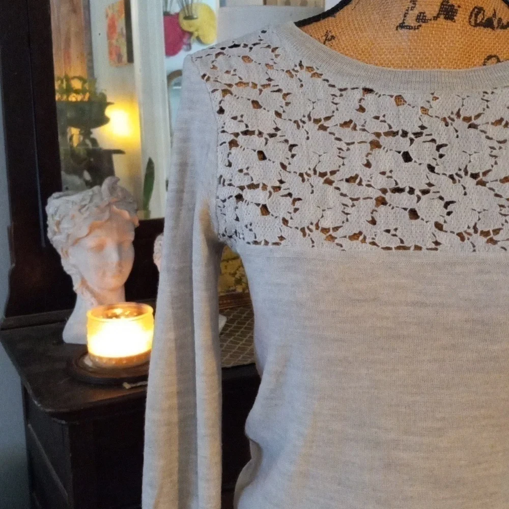 J. Crew Heather Grey Merino Wool Sweater with Floral Chest Cutouts